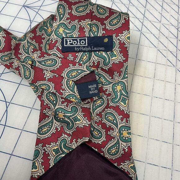 Vtg Polo Ralph Lauren Mens Neck‎ Tie Red Green Abstract 100% Silk Hand Made USA - Picture 1 of 5